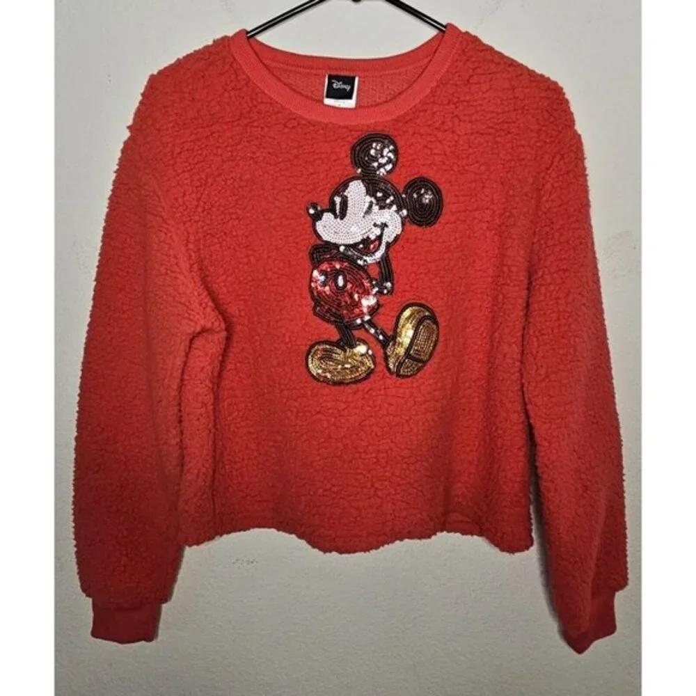 Disney Mickey‎ Mouse Juniors Red Sequined Sherpa Sweater Size M 7/8